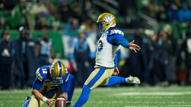 Nov 20, 2022; Regina, Saskatchewan, CAN; Winnipeg Blue Bombers kicker Marc Liegghio (13) makes a field goal against the Toronto Argonauts in the second half. The Argonauts defeated the Blue Bombers to win the 2022 Grey Cup Championship at Mosaic Stadium. Toronto won 24-23. Mandatory Credit: Bob Frid-USA TODAY Sports  